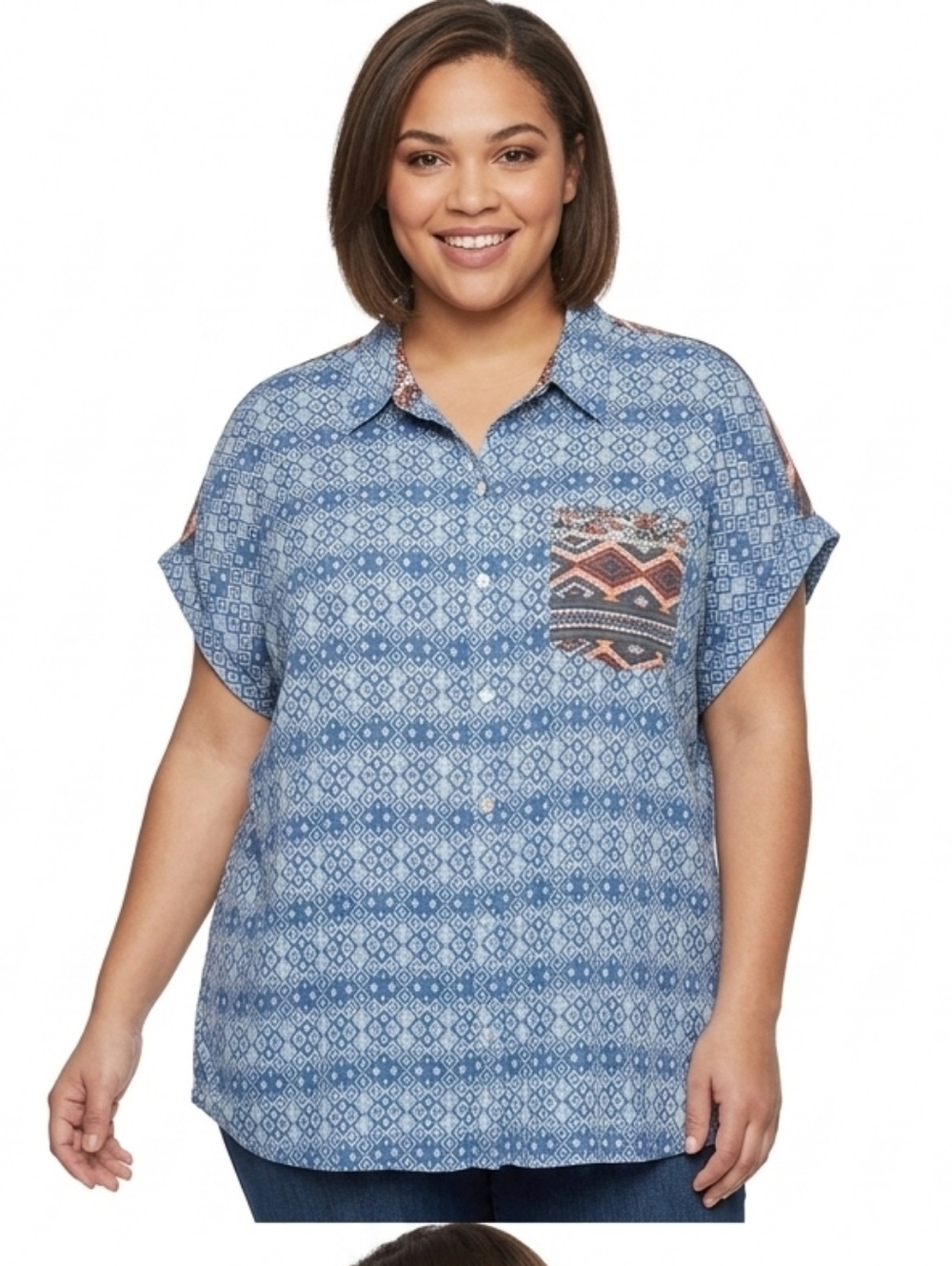 NWT Kim Rogers Geometric Southwestern Button-Down Top